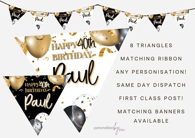 Personalisierte Schwarz & Gold Luftballons Geburtstag Party Banner Deko Wimpelkette