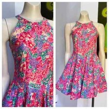 80's Vintage pink floral cut away shoulder mini dress w pockets S