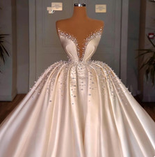 Princess Pearls Wedding Dresses Satin Off Shoulder Court Train Bridal Gowns