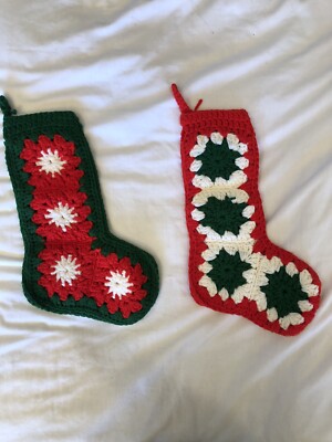 Lot of 2 Vintage Handmade Granny Square Crocheted Christmas Stockings Red/Grn/Wh
