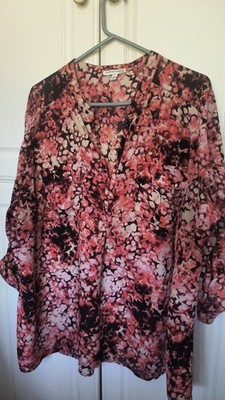 Notations Top Womens 3X Blouse Red Floral Long Sleeve (N3