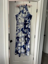 Styleword Ladies Classy Maxi Dress, Blue Abstract Pattern Sleeveless Halter Neck