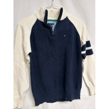 Tommy Hilfiger Boys Navy Blue Cream Quarter Zip Sweater M 12-14 Stripe Sleeves