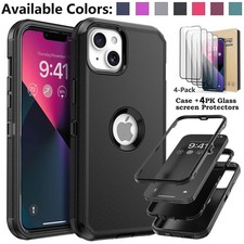 For iPhone 13 14 Case, Heavy Duty Rugged Shockproof Phone Cover  Tempered Glass