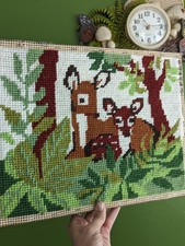 Vintage Needlepoint Deer Doe Fawn Resting Woods Nature 15x12  