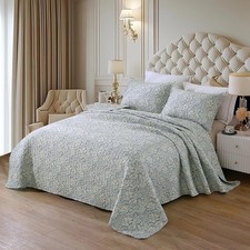 Quilt Set California King Size 3Pcs,Bluish Grey Printed W/ Beige Leaves