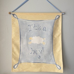 Vtg Y2k Pottery Barn Kids Baby Boy Sheep Canvas Wall Hanging Art Banner Decor