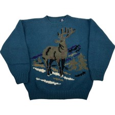 VTG 70s 80s men's GAP handknit 100 Shetland Wool Reindeer Deer Crewneck Sweater