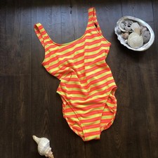 Vintage 90s Neon Stripped Swimsuit Retro Xhilaration Highlighter One Piece Swim