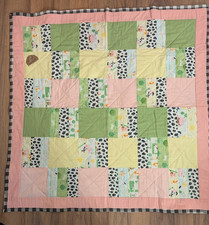 New handmade baby girl quilt, pink, green, yellow, Farm Animals, cow print
