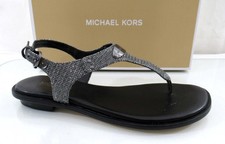 Michael Kors MK Plate Thong Flat T-Strap Sandals Glitter Anthracite Grey Size 7