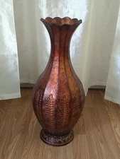Metal Vase Rustic Distressed Copper Color Tall Flared Neck W/ Scalloped Rim 20"