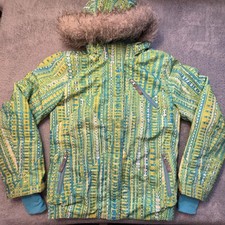 Spyder Ski Jacket Kids 16 Green Geometric Hooded Fur Trim Winter Snow Coat
