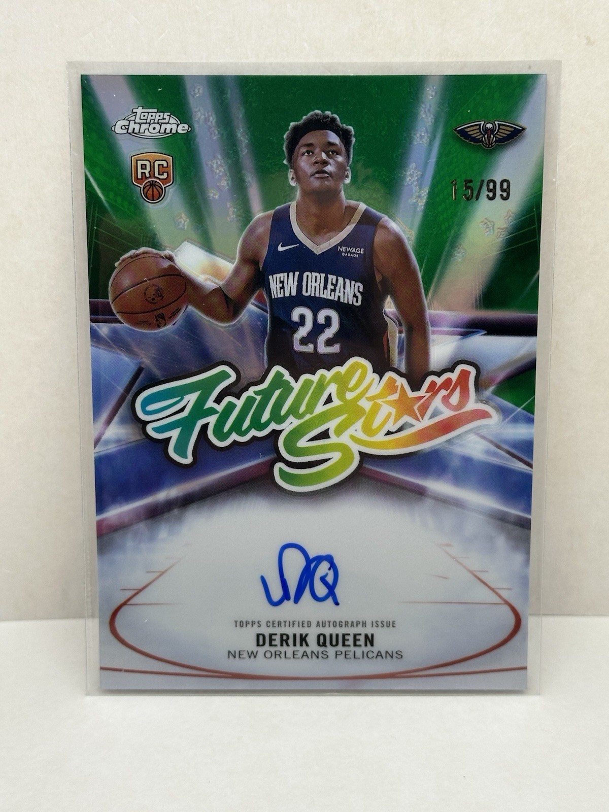 2025 Topps Chrome Derik Queen Rookie Future Stars Auto Green /99 SSP Pelicans