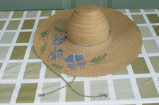 Vintage 40s Hand-Painted Straw Hat with Floral Design  Beach  Garden Sun Hat