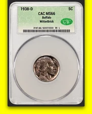 1938-D CAC MS66 Witter Brick LOOKS LIKE A SATIN PROOF! Buffalo Nickel 5C