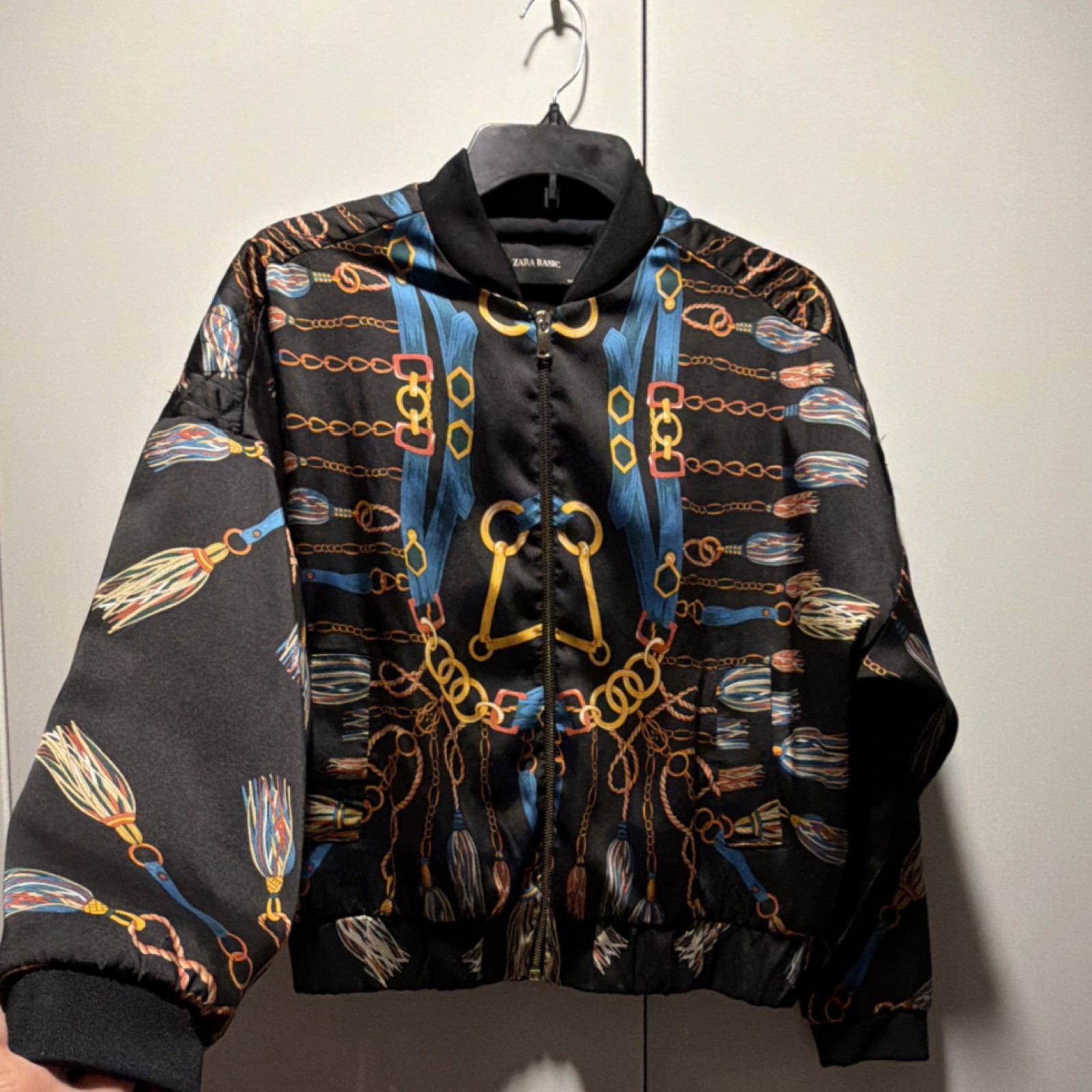 ZARA BASIC Bomber Jacket XS Chain Print Black Blu… - image 1