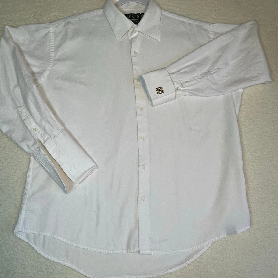 Lauren Ralph Lauren White Herringbone Dress Shirt 17 34/35 French Cuff Cotton - Image 3 of 4