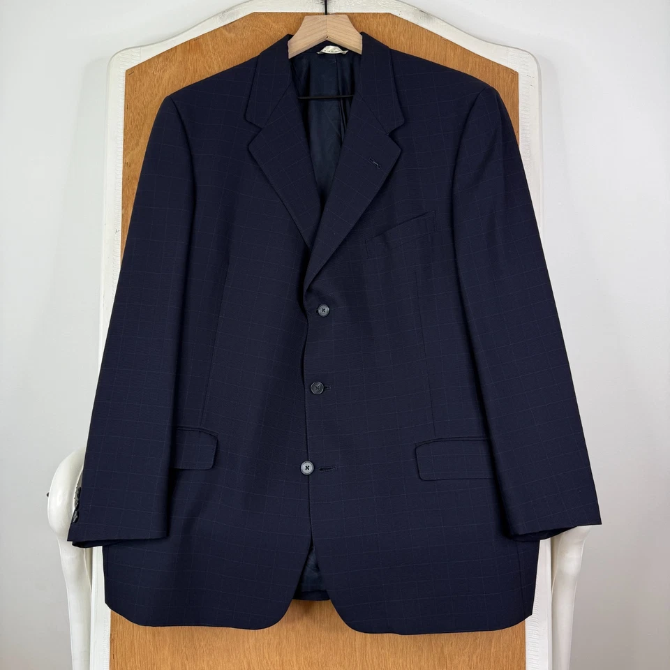 Hart Schaffner Marx Suit Mens 44L Navy Blue 3 Button 100% Wool Windowpane 38x28 - Image 2 of 4