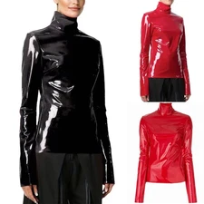 Womens Top Stage Catsuit Dances T-shirt Raves Costumes Music Glossy Events PU