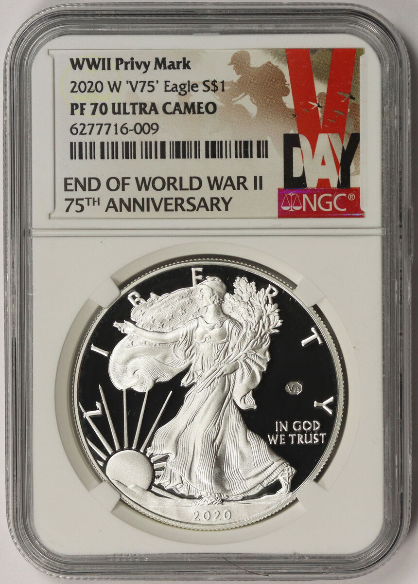 2020-W V75 Silver Eagle $1 PF 70 Ultra Cameo NGC WWII Privy 2020-W V75 Silver Eagle $1 PF 70 Ultra Cameo NGC WWII Privy