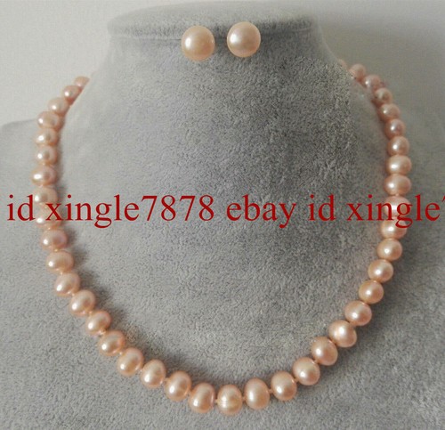 Fashion 8-9mm Pink Freshwater Cultured Pearl Necklace Earrings Set 20'' - Picture 7 of 11