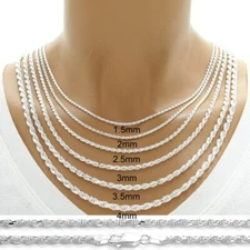 925 Sterling Silver Dia-Cut Rope Chain Necklace w Lobster Lock-Stamped 925 Italy