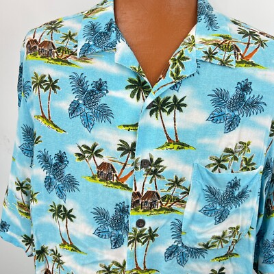 Hawaiian Aloha 2 XLT Shirt Tiki Hut Palm Trees Pineapple Blue Tropical