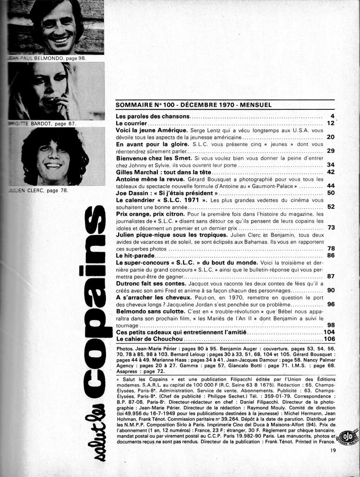 SALUT LES COPAINS N° 100/1970 - Claude François Hallyday Clerc Calendrier Poster - Photo 2/2