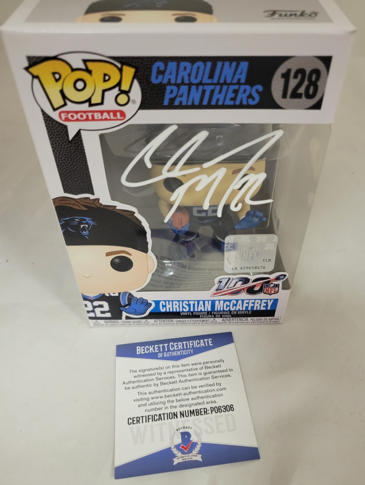 Christian McCaffrey Autographed Signed Carolina Panthers Funko Pop! Vinyl Figure #128 BAS 