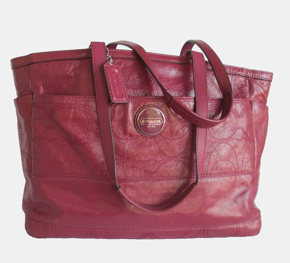 COACH LG DIAPER BAG WINE SIGNATURE PATENT LEATHER F1… Gem