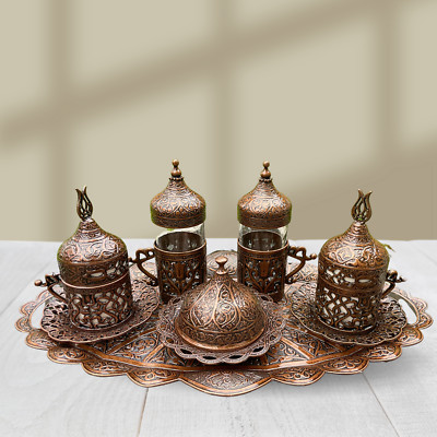 Türkisches Kaffee Wasser Teemix Set Porzellan Glas osmanische Tulpenabdeckung dunkles Kupfer