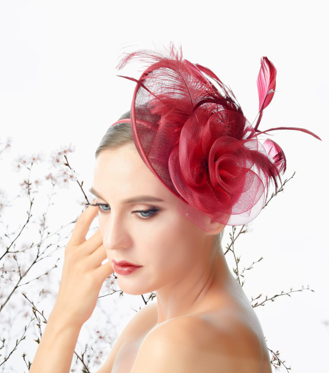 Burgundy Wine Feather Wedding Fascinator Hat Woman Headpiece  display picture 2