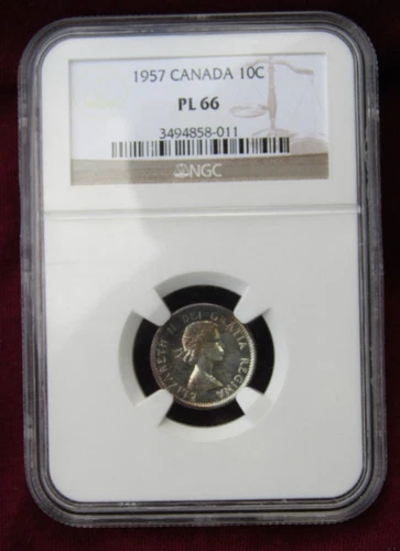 1957 CANADA SILVER 10 Cents..NGC PL-66...SHINY  &  NICE  EVENLY  TONED  SURFACES