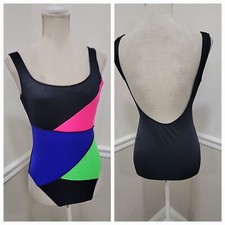 Vtg 80s Sun Streak High Cut One Piece Black Bathing Suit/Leotart Size 14