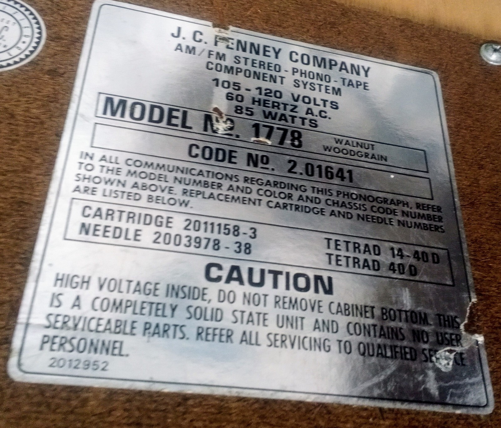 Vintage Rare JC Penny AM/FM Stereo Phono Tape Component System Model No 1778