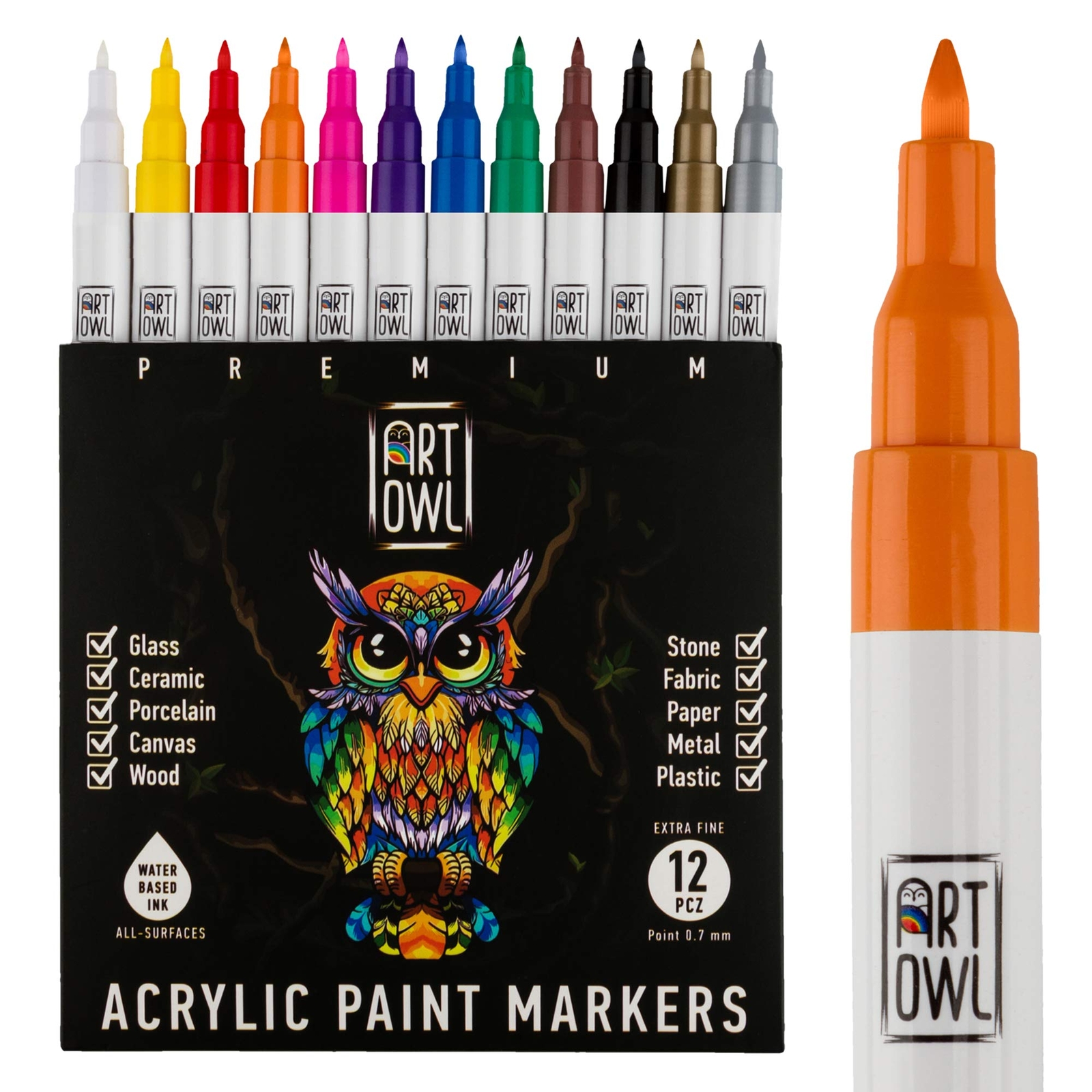 12 Acrylic Paint Pens – Extra Fine Tip Markers Set. Primary Colors with Metal...
