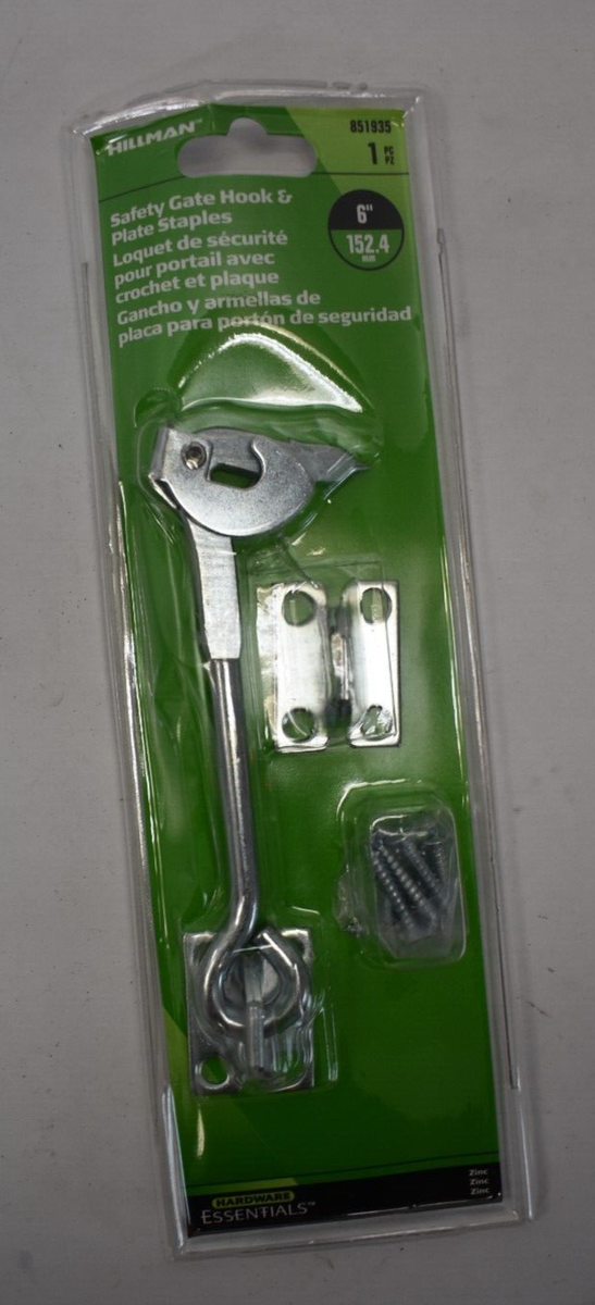 Hillman Group 6-Inch Heavy Duty Safety Gate Hook With Staples - Zinc Plated Steel Latch For Doors & Gates