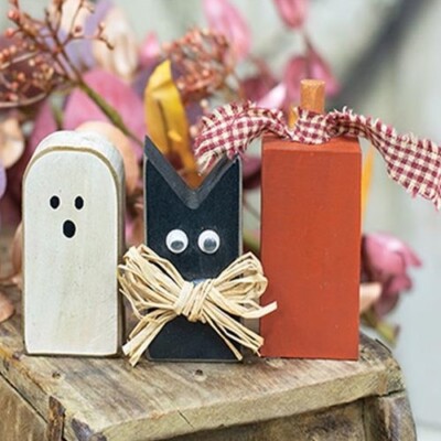 3 Piece Halloween Wood Blocks Ghost Cat Pumpkin DISTRESSED Shelf Sitters