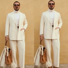 Beige Men's Suit Peak Lapel Wedding Business Party Menstyle 2Pcs Jacket Blazer