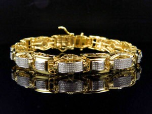 Authentic Mens Link Bracelet 9ct Cubic Zirconia 14k Yellow Gold Plated Silver Free Stud