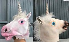 Pair Two Mens Ladies Rubber Unicorn One Size Masks Halloween Costume