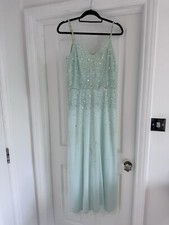 Showcase Size 10 Teal Blue Sleeveless Party Maxi Dress Beaded Sequin Tulle Gown 