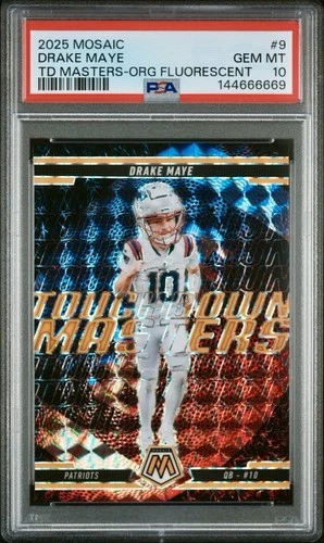 2025 Panini Mosaic Orange Fluorescent TD Masters Drake Maye PSA 10