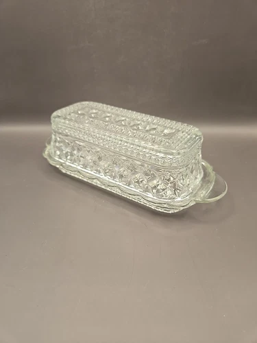 VTG Anchor Hocking Wexford Glass Butter Dish Diamond Point Cut Clear Covered