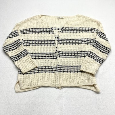 Pull&Bear Striped Open Front Cardigan Womens Size S Cream Navy Boho Knit Sweater