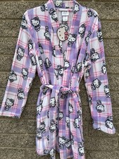 Hello Kitty Soft Plush Short Belted Robe Pink Purple Plaid W/pockets Medium NWT