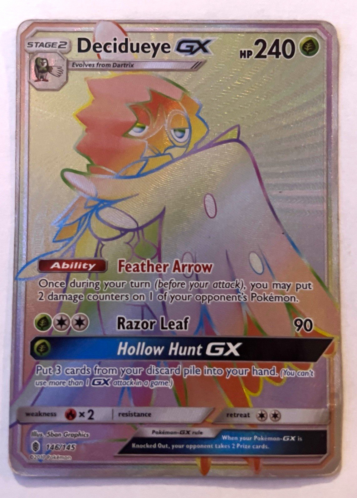 Pokemon Decidueye GX 146/145 - Guardians Rising Secret Rare Full Art Holo