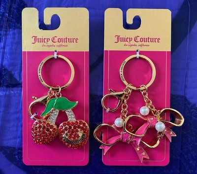 Juicy Couture Cherry & Bow Keychain Rhinestone Gold Pink Y2K NWT