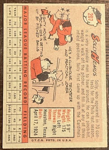 1958 TOPPS # 207 SOLLY HEMUS PHILADELPHIA PHILLIES NM CONDITION - Picture 2 of 2
